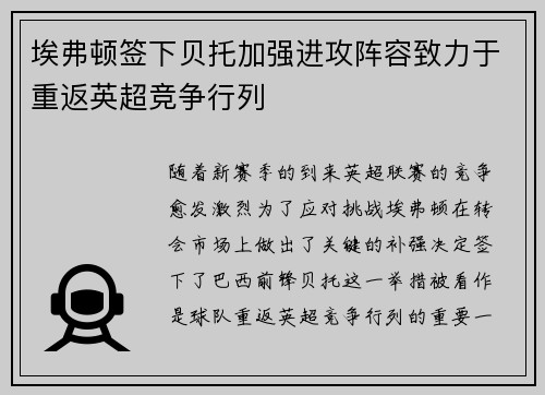 埃弗顿签下贝托加强进攻阵容致力于重返英超竞争行列