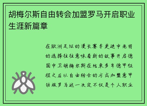 胡梅尔斯自由转会加盟罗马开启职业生涯新篇章 胡梅尔斯自由转会加盟罗马开启职业生涯新篇章